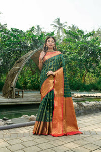 Thumbnail for Aastha Fashion Bottle Green Woven Kanchipuram Silk Saree with Blouse - Distacart