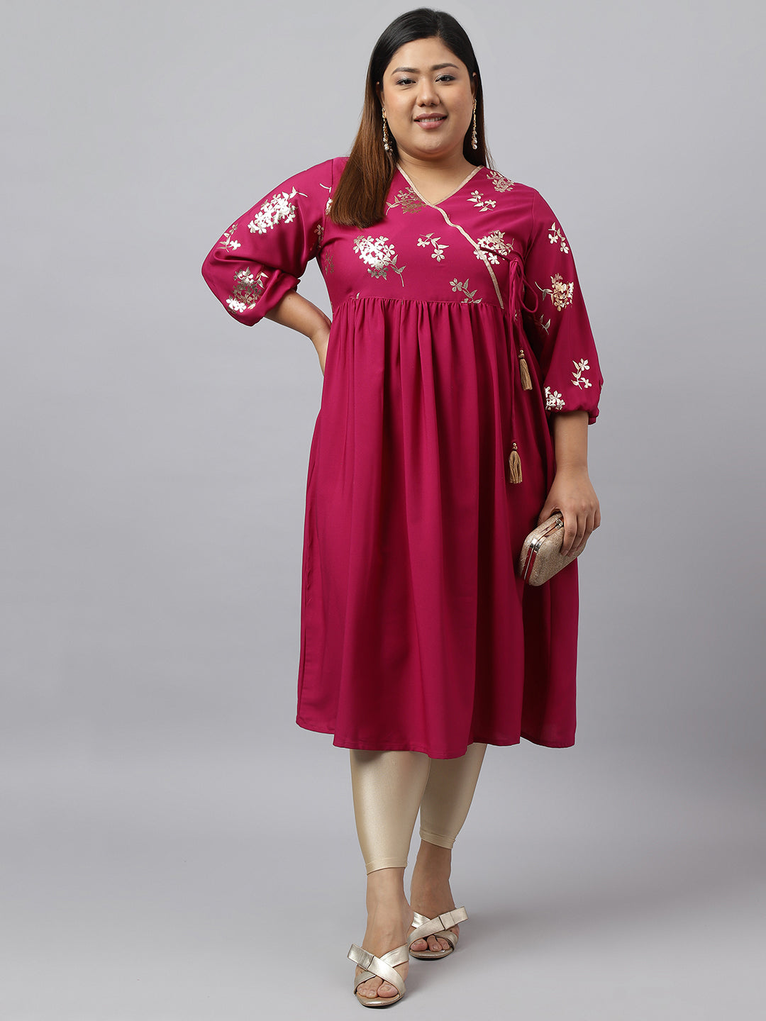 Janasya Magenta Poly Crepe Foil Floral Print kurta - Distacart