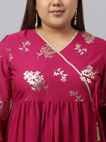 Thumbnail for Janasya Magenta Poly Crepe Foil Floral Print kurta - Distacart