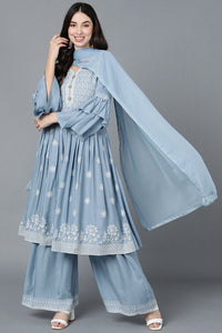 Thumbnail for Ahika Women Blue Poly Silk Embroidered Kurta Sharara With Dupatta