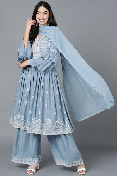 Ahika Women Blue Poly Silk Embroidered Kurta Sharara With Dupatta