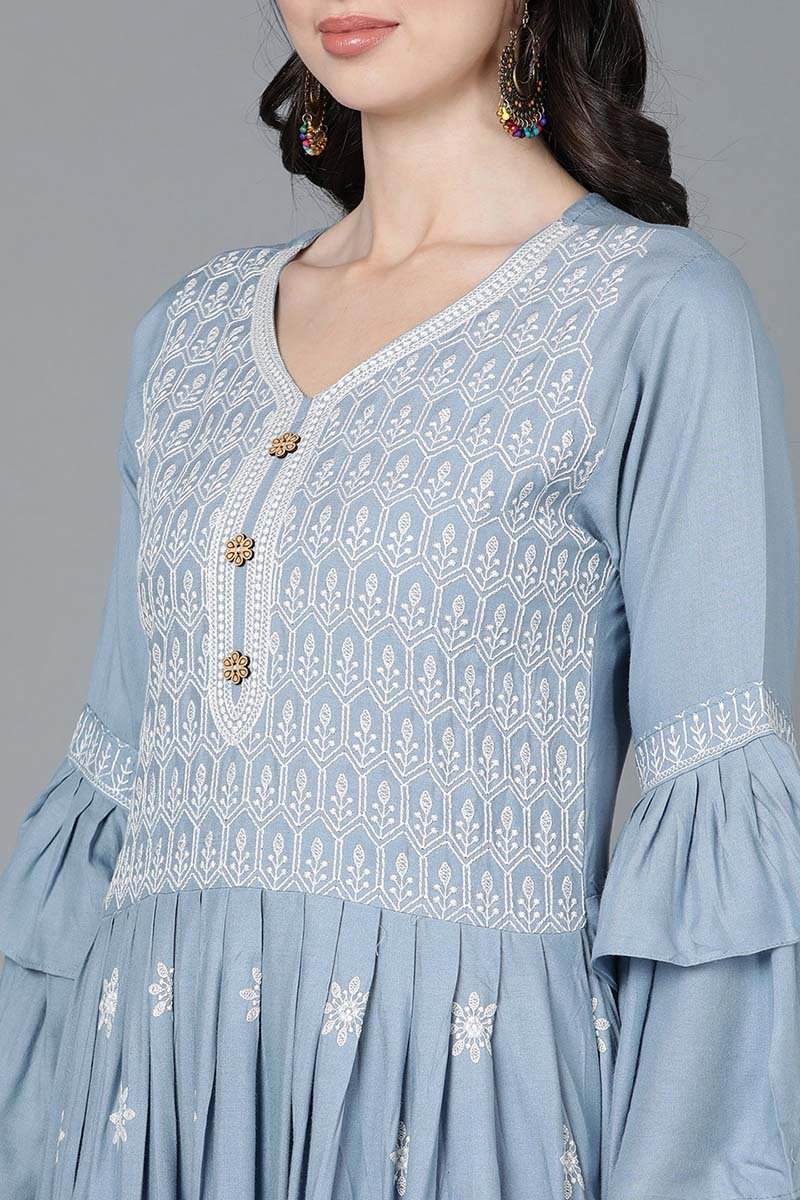 Ahika Women Blue Poly Silk Embroidered Kurta Sharara With Dupatta