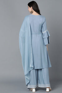 Thumbnail for Ahika Women Blue Poly Silk Embroidered Kurta Sharara With Dupatta