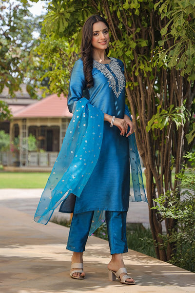 Ahika Blue Poly Silk Solid Yoke Design Kurta Trousers With Dupatta