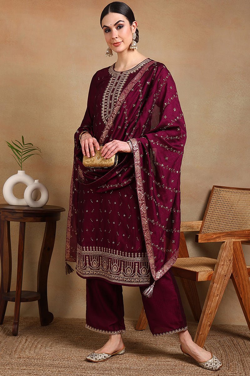 Ahika Silk Blend Wine Embroidered Straight Kurta Pant With Dupatta