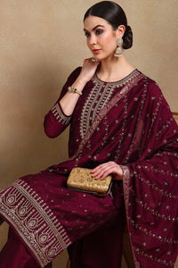 Thumbnail for Ahika Silk Blend Wine Embroidered Straight Kurta Pant With Dupatta