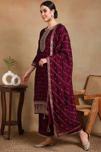 Thumbnail for Ahika Silk Blend Wine Embroidered Straight Kurta Pant With Dupatta