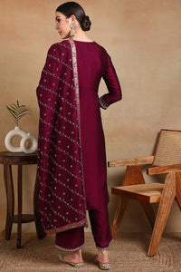 Thumbnail for Ahika Silk Blend Wine Embroidered Straight Kurta Pant With Dupatta