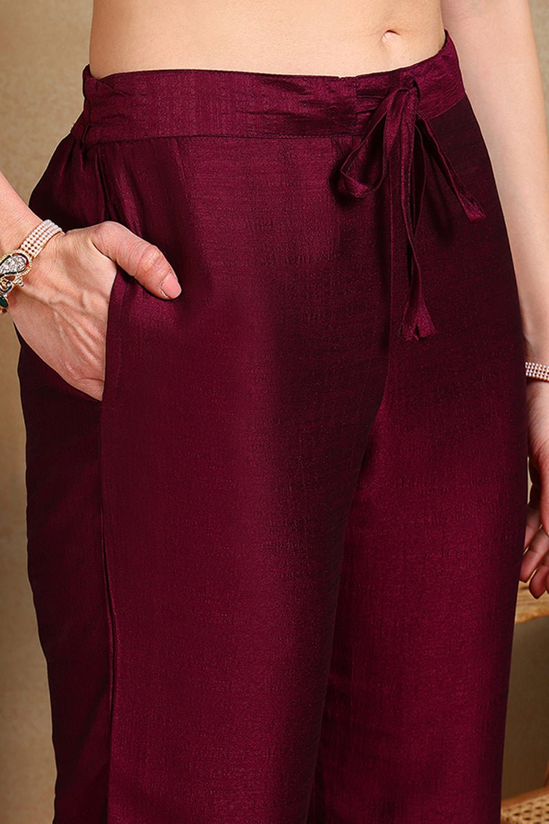 Ahika Silk Blend Wine Embroidered Straight Kurta Pant With Dupatta