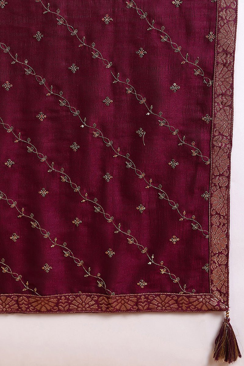 Ahika Silk Blend Wine Embroidered Straight Kurta Pant With Dupatta