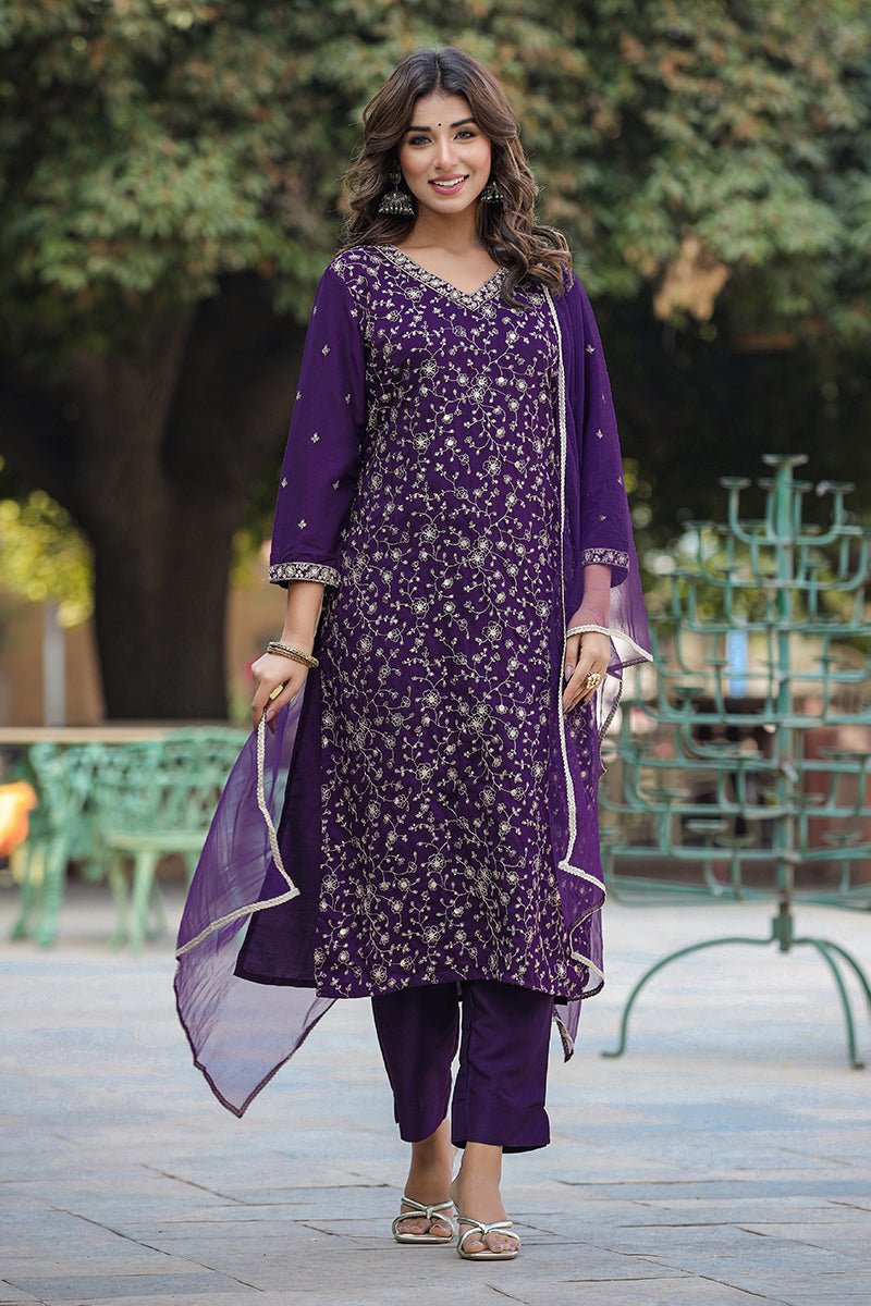 Ahika Purple Silk Blend Ethnic Motifs Straight Suit Set