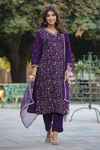 Thumbnail for Ahika Purple Silk Blend Ethnic Motifs Straight Suit Set