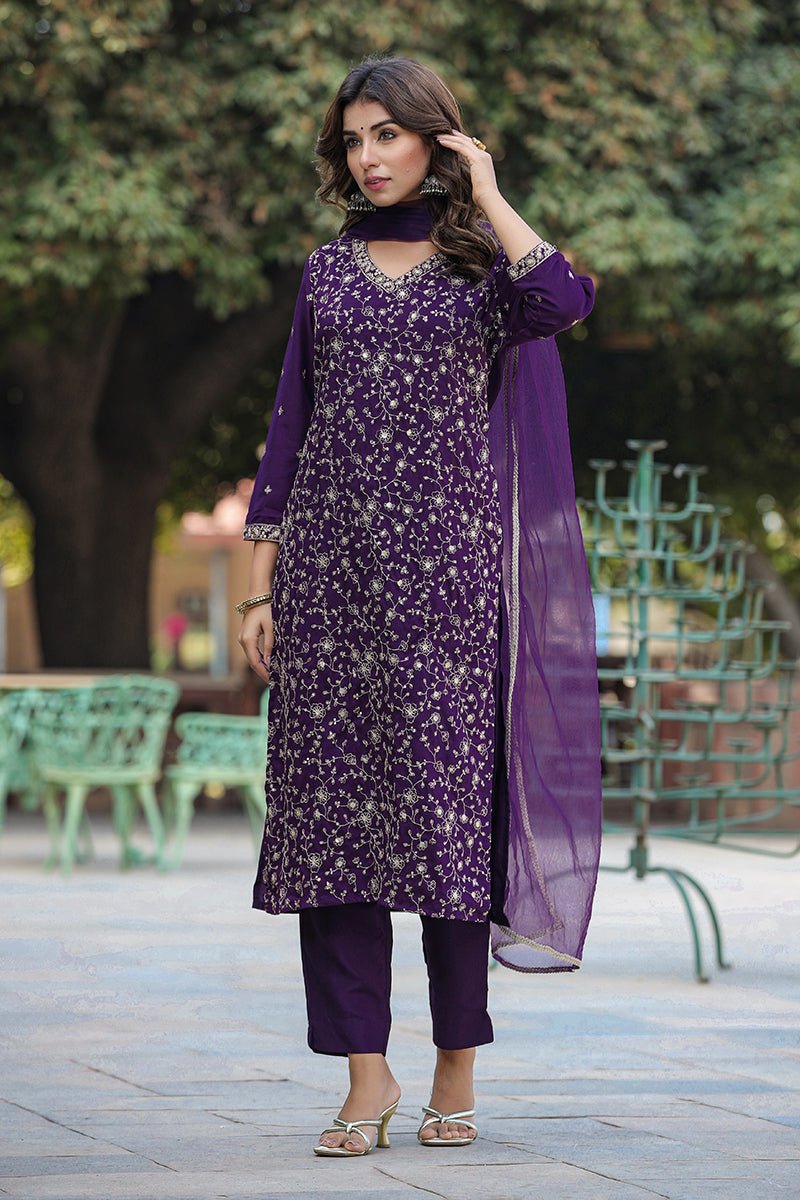 Ahika Purple Silk Blend Ethnic Motifs Straight Suit Set