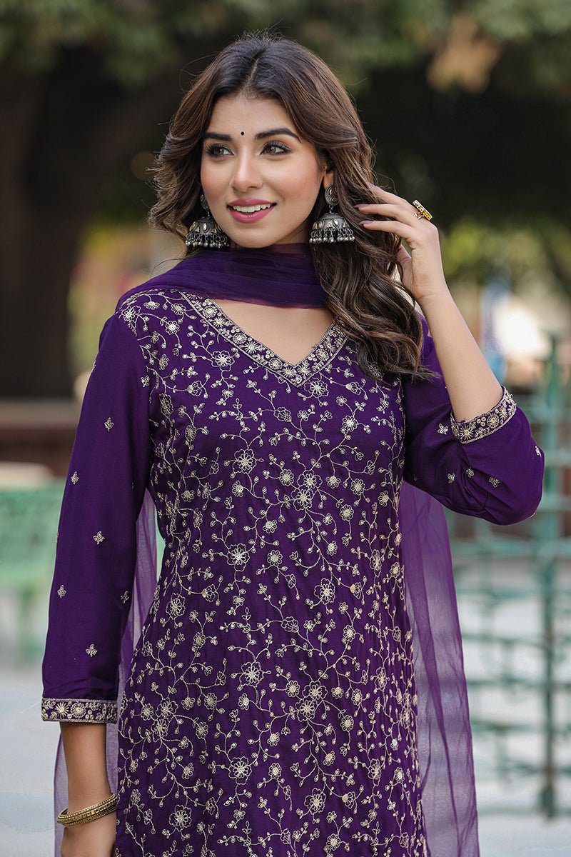 Ahika Purple Silk Blend Ethnic Motifs Straight Suit Set