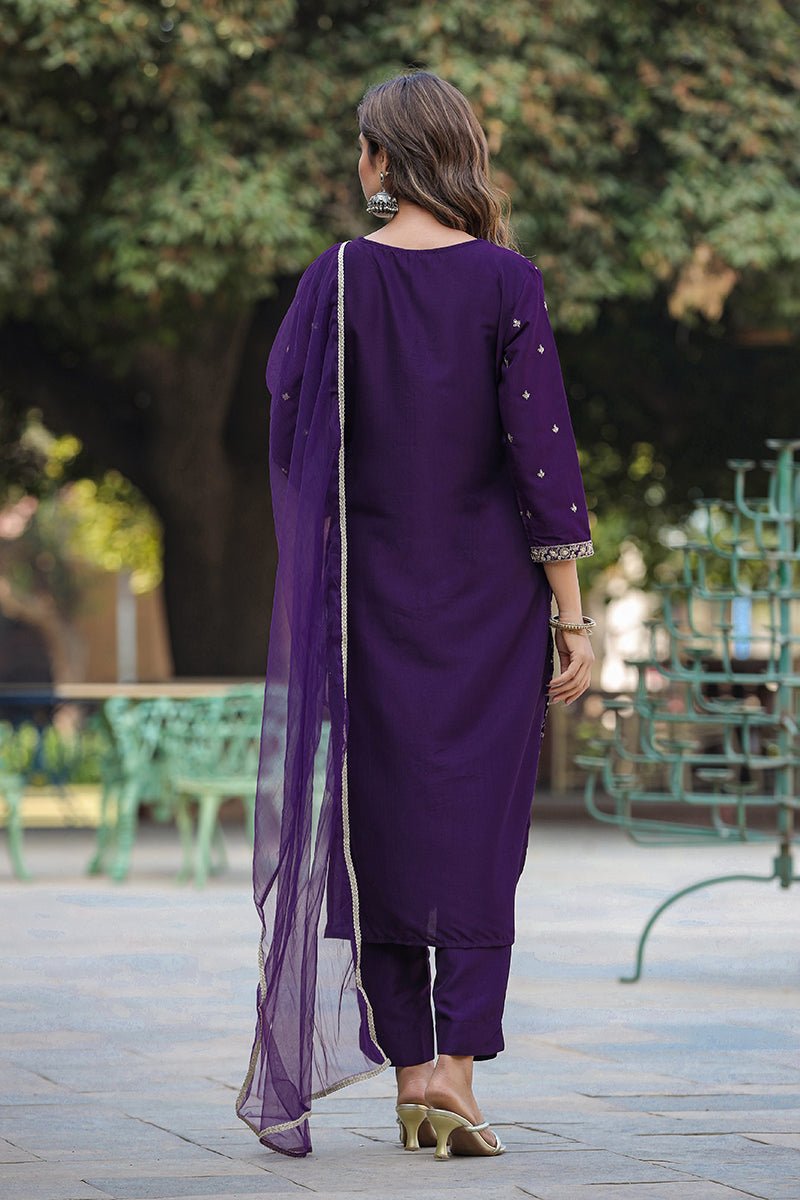 Ahika Purple Silk Blend Ethnic Motifs Straight Suit Set