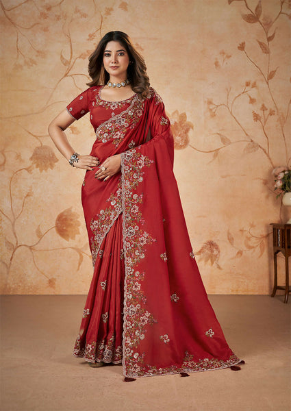 Red Upada Silk Sequence & Cord Embroidered with Stone Work Saree - Mohmanthan Dakshika - Distacart