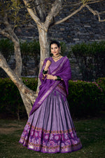 Thumbnail for Vastranavya Floral Print With Foil Print Tussar Silk Lehenga With Unstitched Blouse - Purple - Distacart