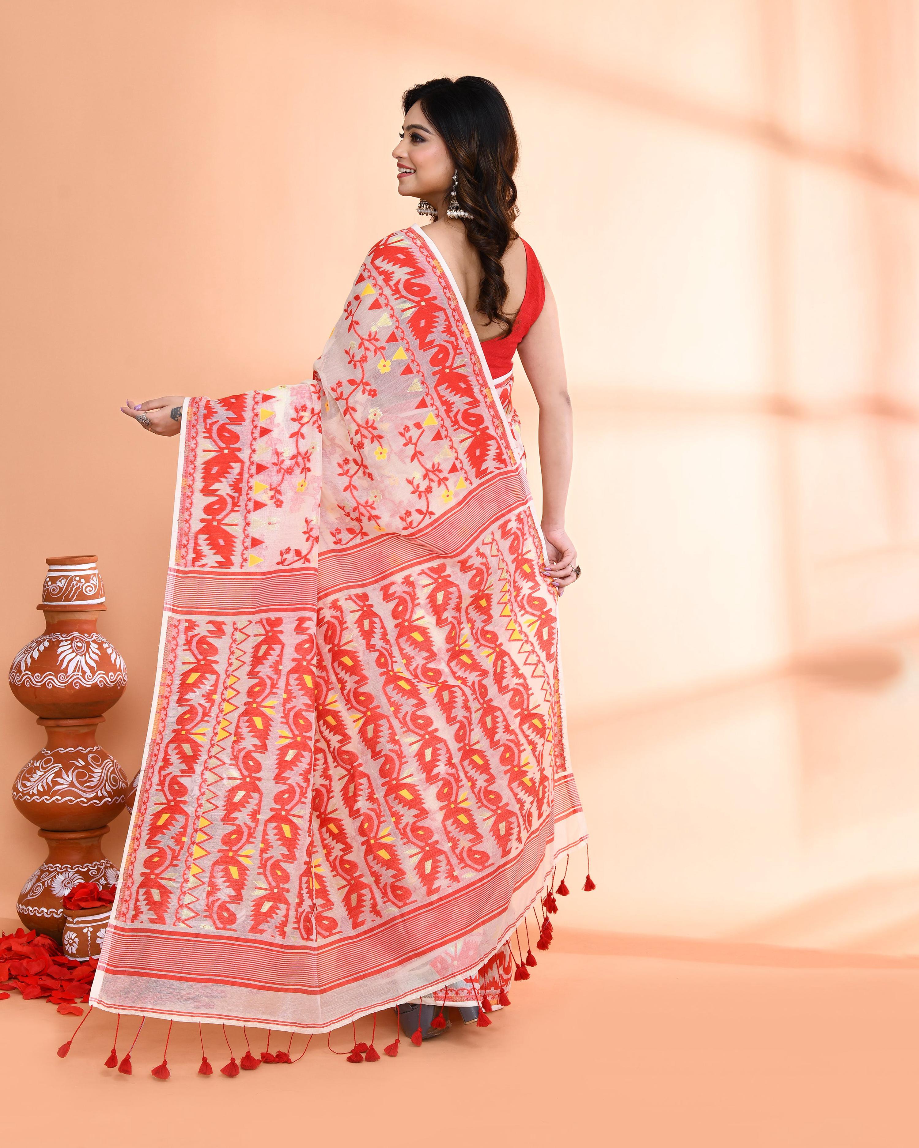 Piyari Fashion Women's Off White Red Cotton Silk Jamdani Saree