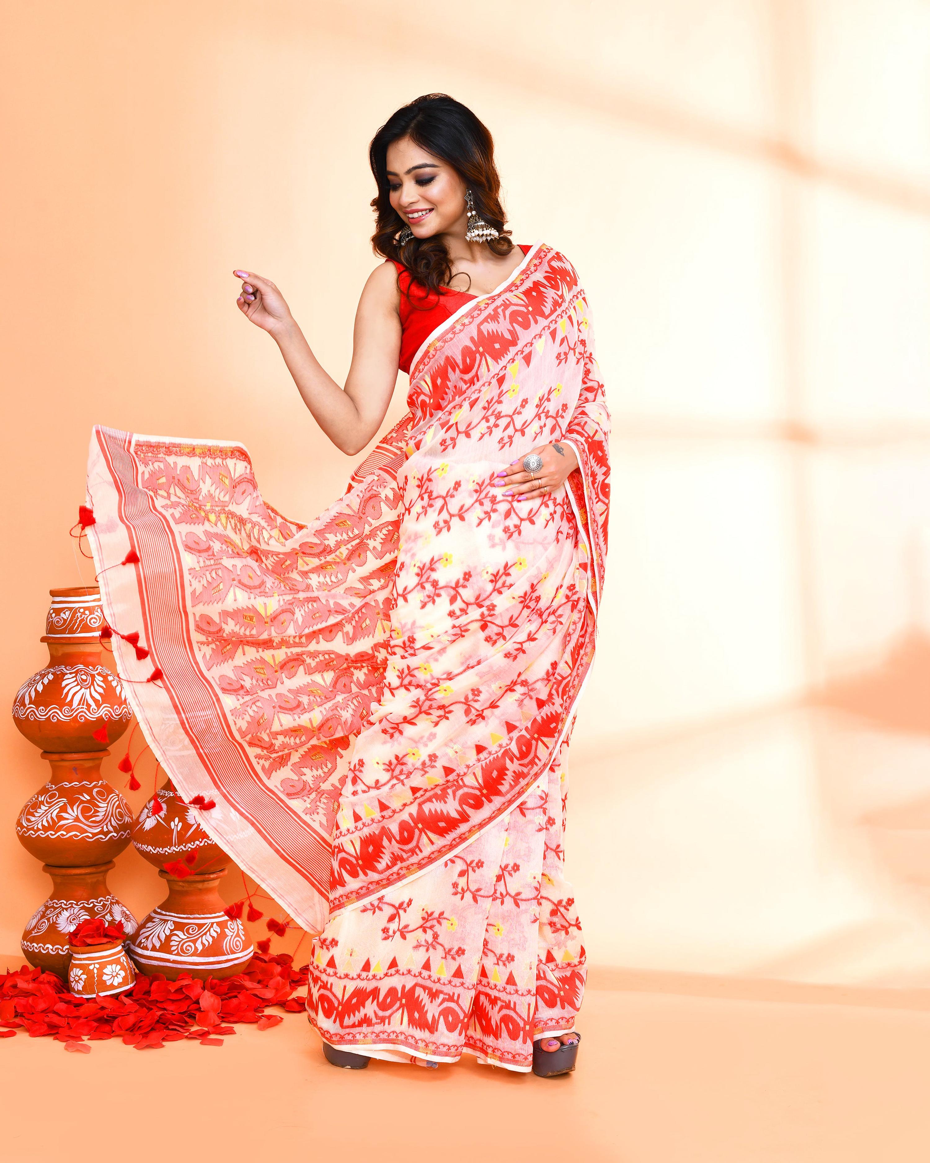 Piyari Fashion Women's Off White Red Cotton Silk Jamdani Saree
