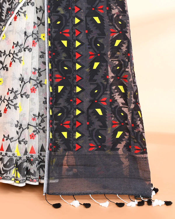 Piyari Fashion Women's Off White Black Cotton Silk Jamdani Saree