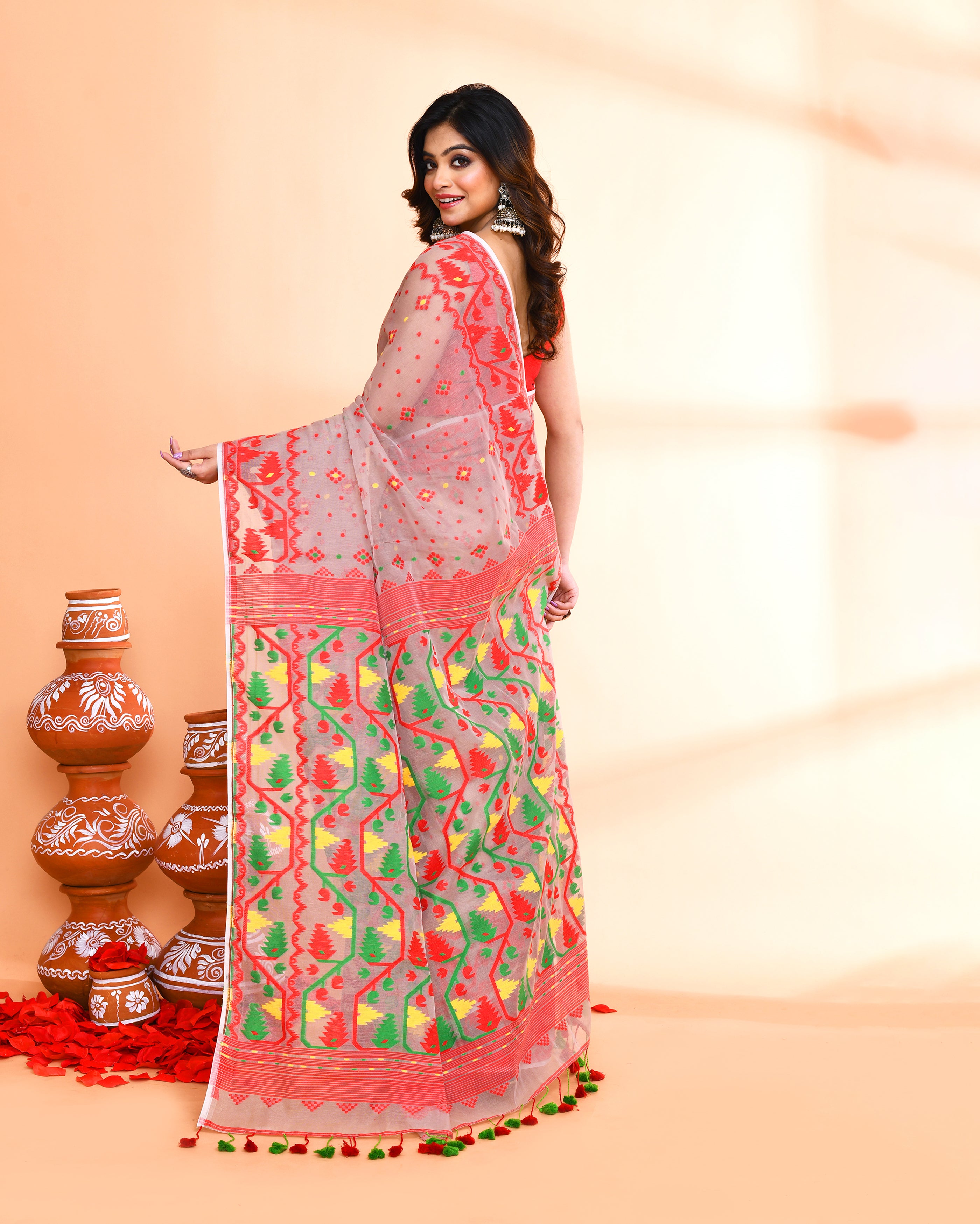 Piyari Fashion Women's Cane Beige Cotton Silk Jamdani Saree