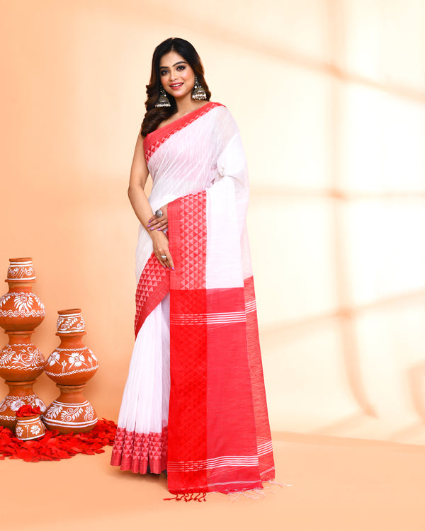 Piyari Fashion Women`s Cotton Silk White Handloom Saree With Blouse
