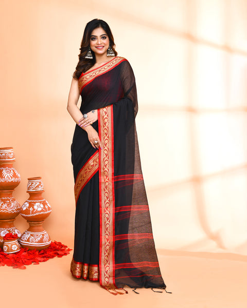 Piyari Fashion Women`s Cotton Silk Black Handloom Saree With Blouse