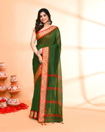 Thumbnail for Piyari Fashion Women`s Cotton Silk Moss Green Handloom Saree With Blouse