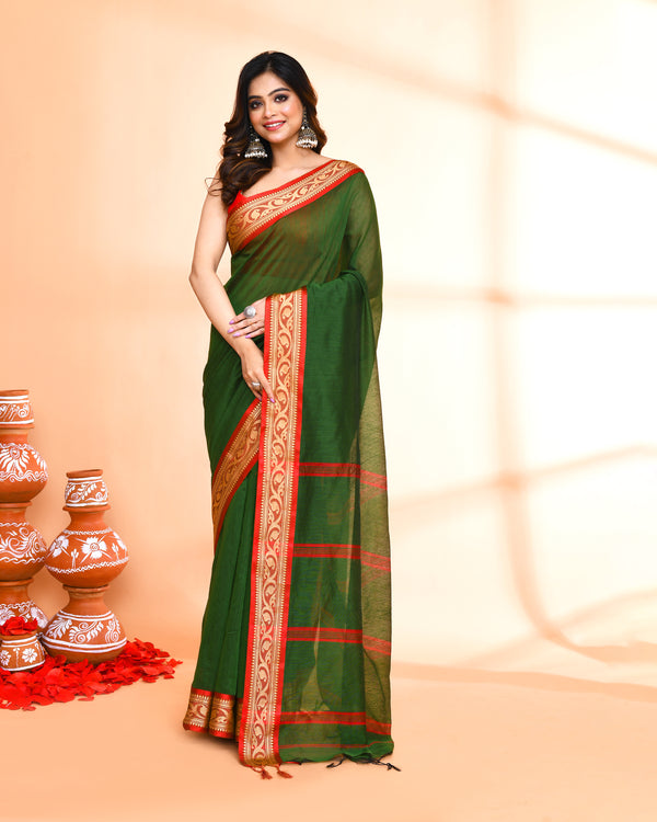 Piyari Fashion Women`s Cotton Silk Moss Green Handloom Saree With Blouse