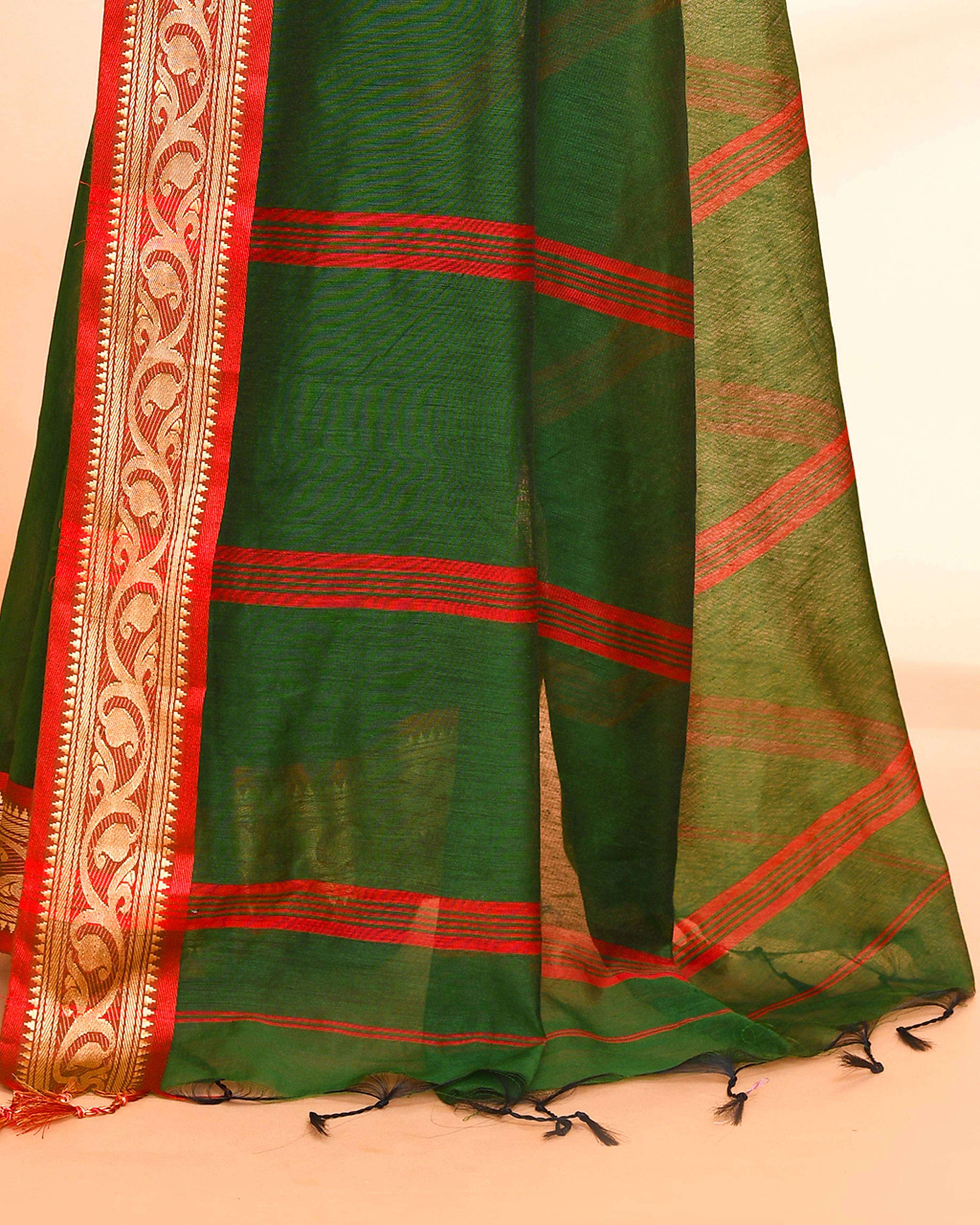 Piyari Fashion Women`s Cotton Silk Moss Green Handloom Saree With Blouse