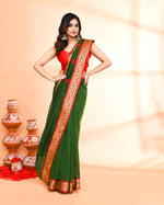 Thumbnail for Piyari Fashion Women`s Cotton Silk Moss Green Handloom Saree With Blouse