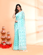 Thumbnail for Piyari Fashion Women's Light Turquoise Cotton Silk Jamdani Saree