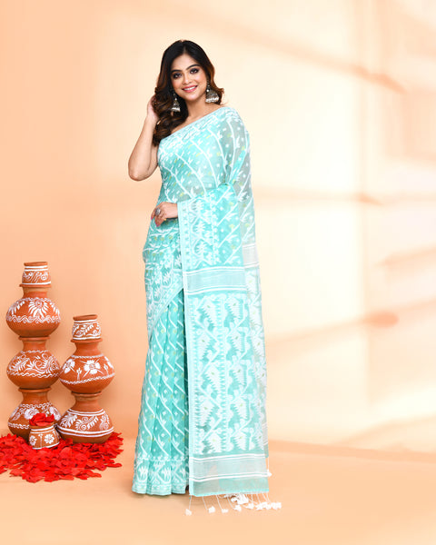 Piyari Fashion Women's Light Turquoise Cotton Silk Jamdani Saree