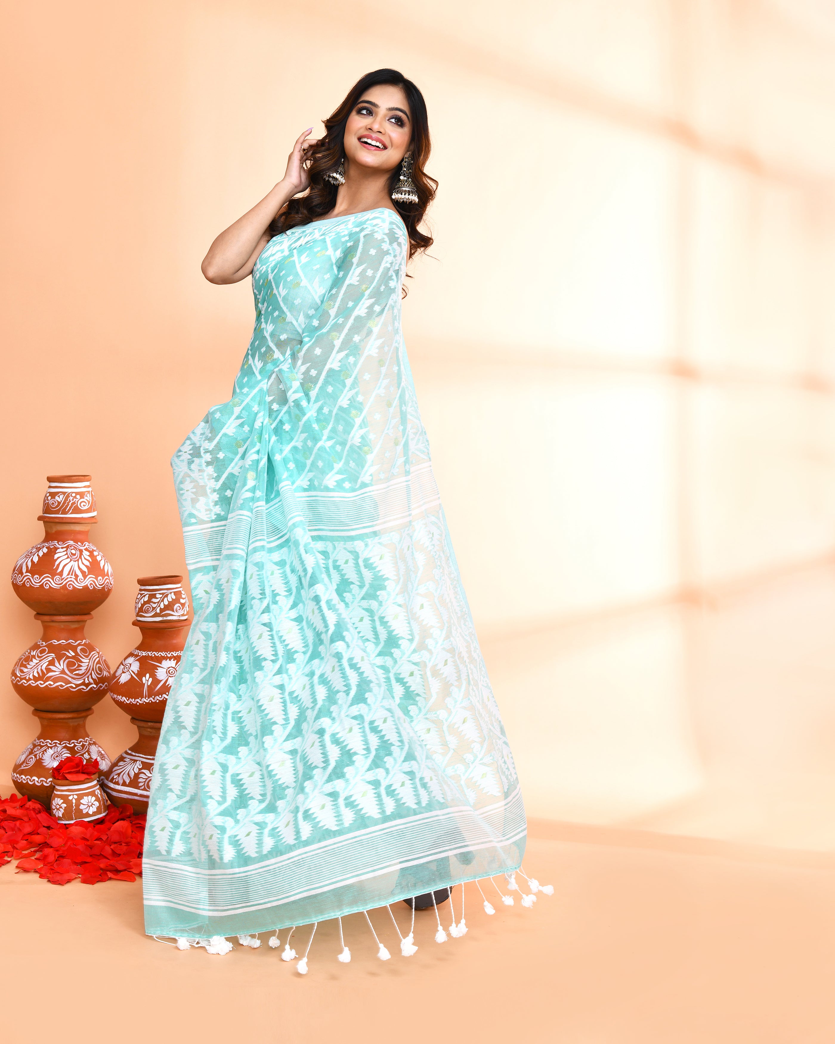 Piyari Fashion Women's Light Turquoise Cotton Silk Jamdani Saree