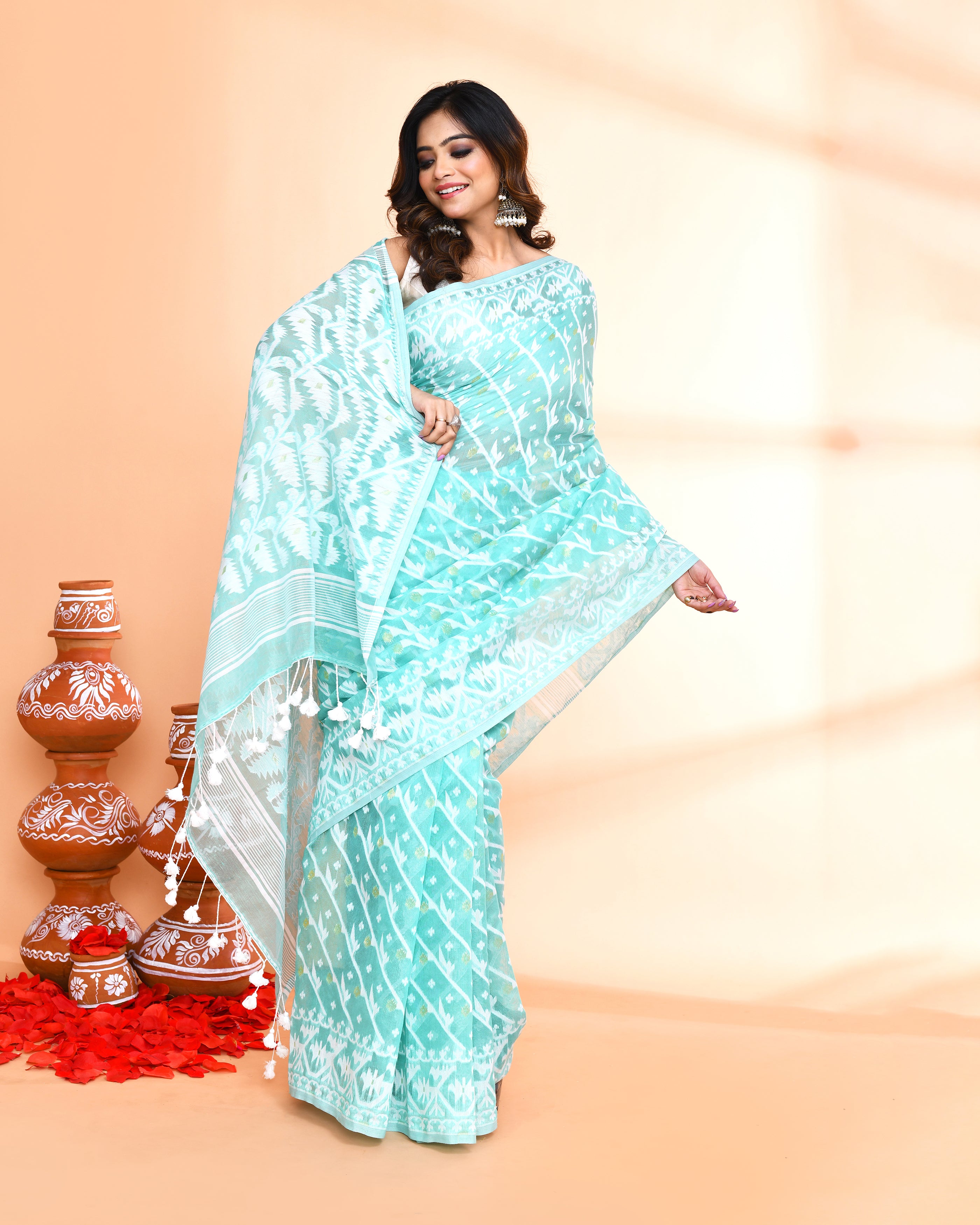 Piyari Fashion Women's Light Turquoise Cotton Silk Jamdani Saree