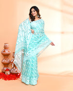 Thumbnail for Piyari Fashion Women's Light Turquoise Cotton Silk Jamdani Saree