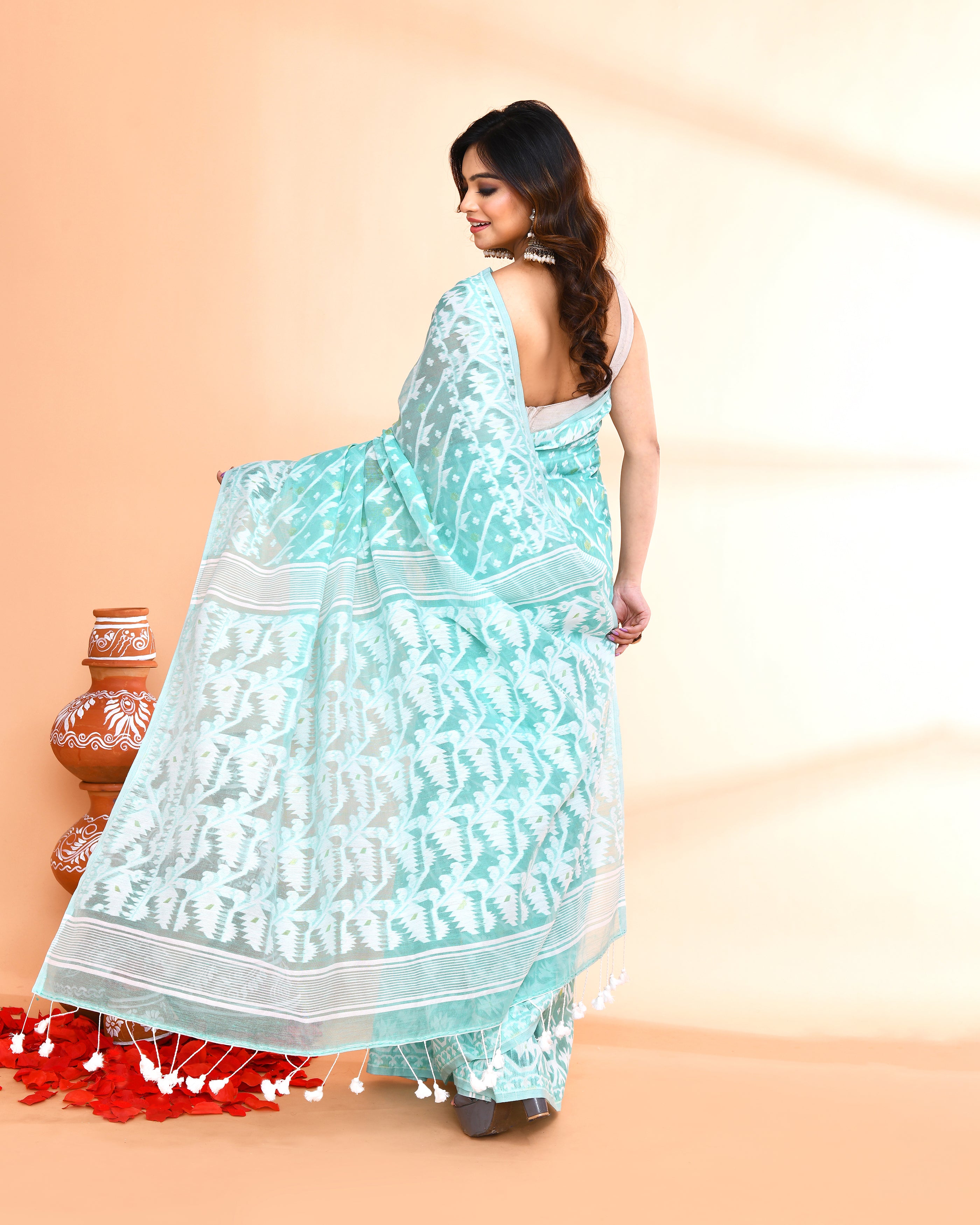 Piyari Fashion Women's Light Turquoise Cotton Silk Jamdani Saree