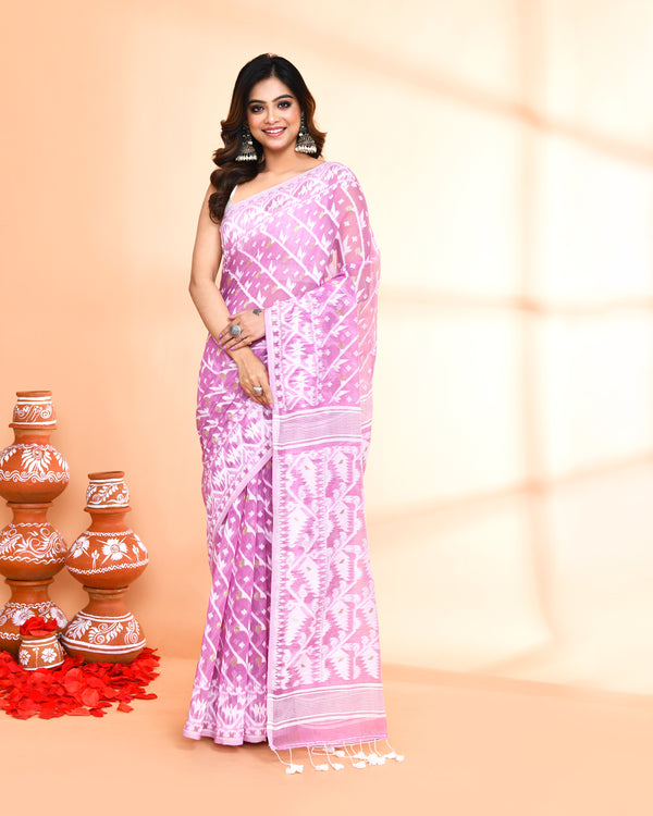 Piyari Fashion Women's Light Purple Cotton Silk Jamdani Saree