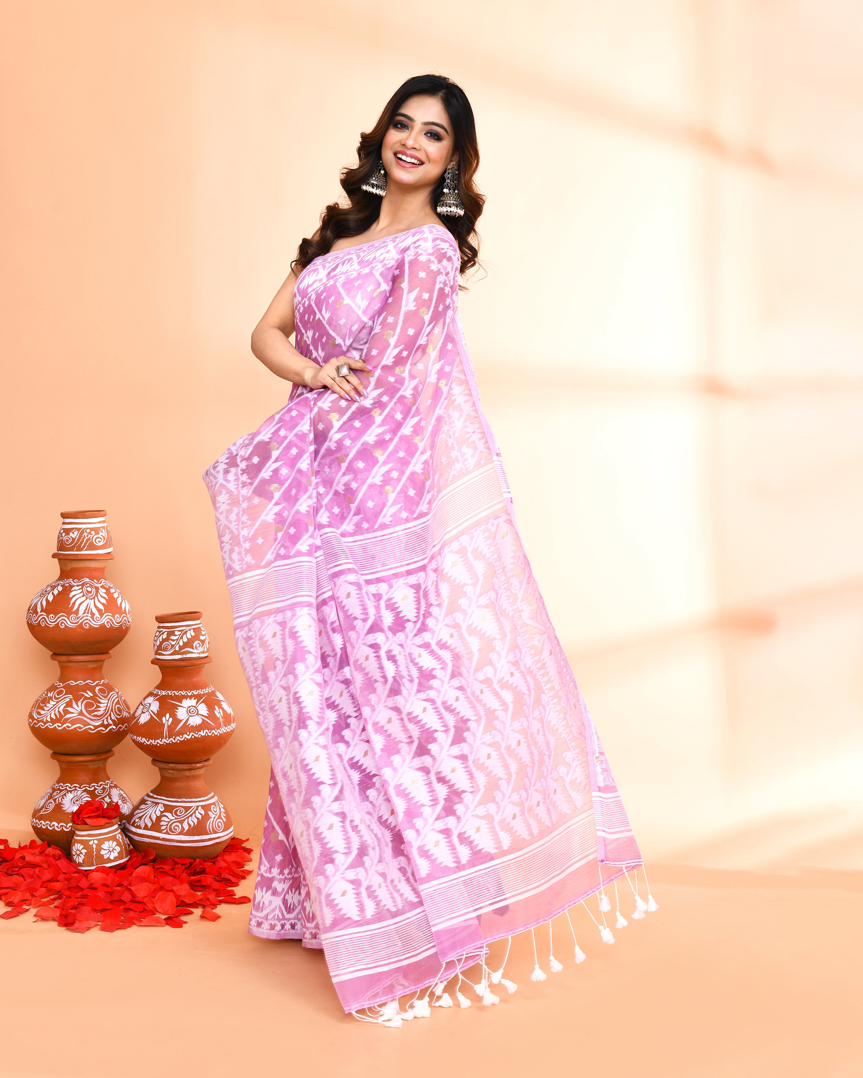 Piyari Fashion Women's Light Purple Cotton Silk Jamdani Saree