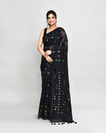 Thumbnail for Piyari Fashion Women's Black Cotton Silk Jamdani Saree With Tassels