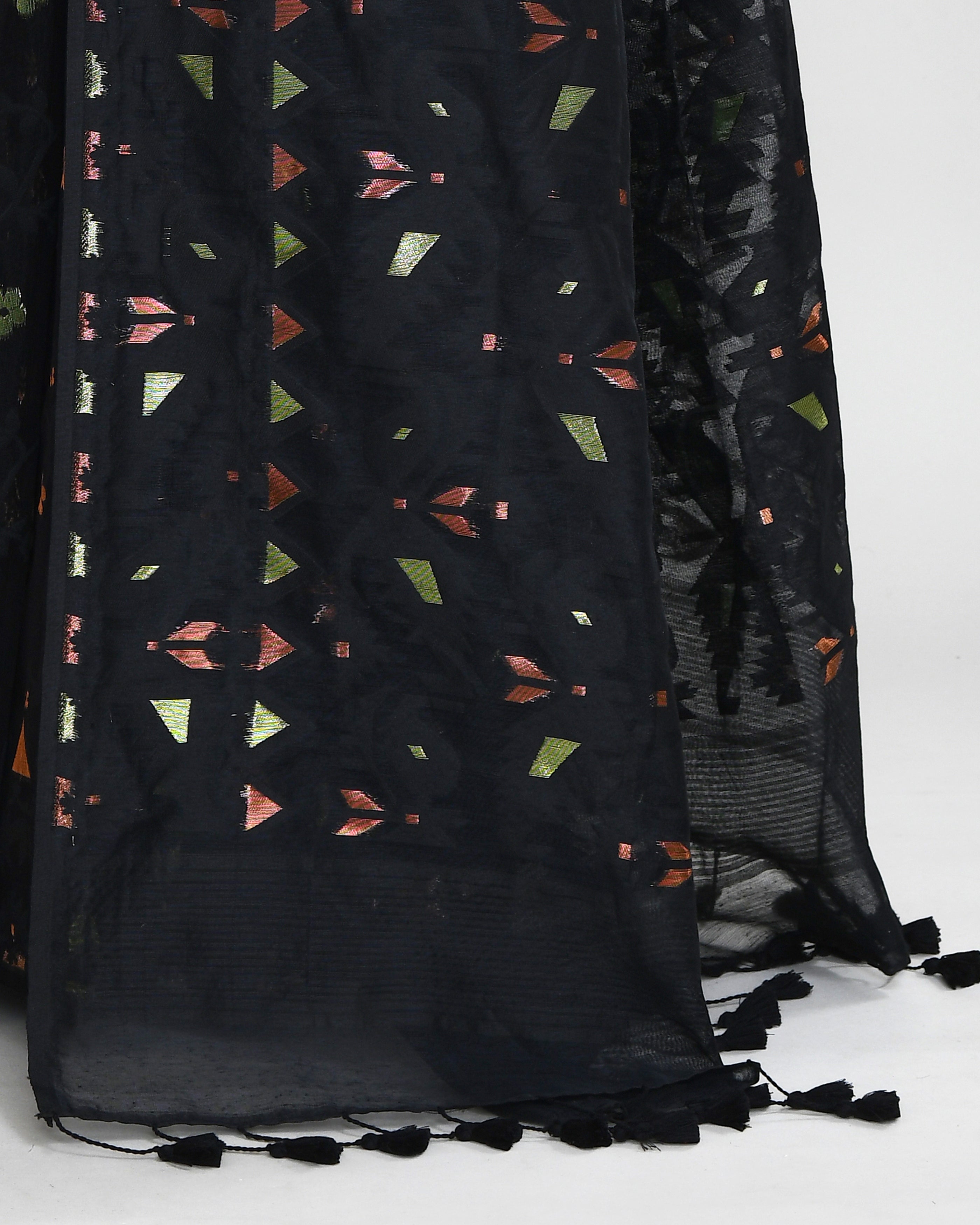 Piyari Fashion Women's Black Cotton Silk Jamdani Saree With Tassels