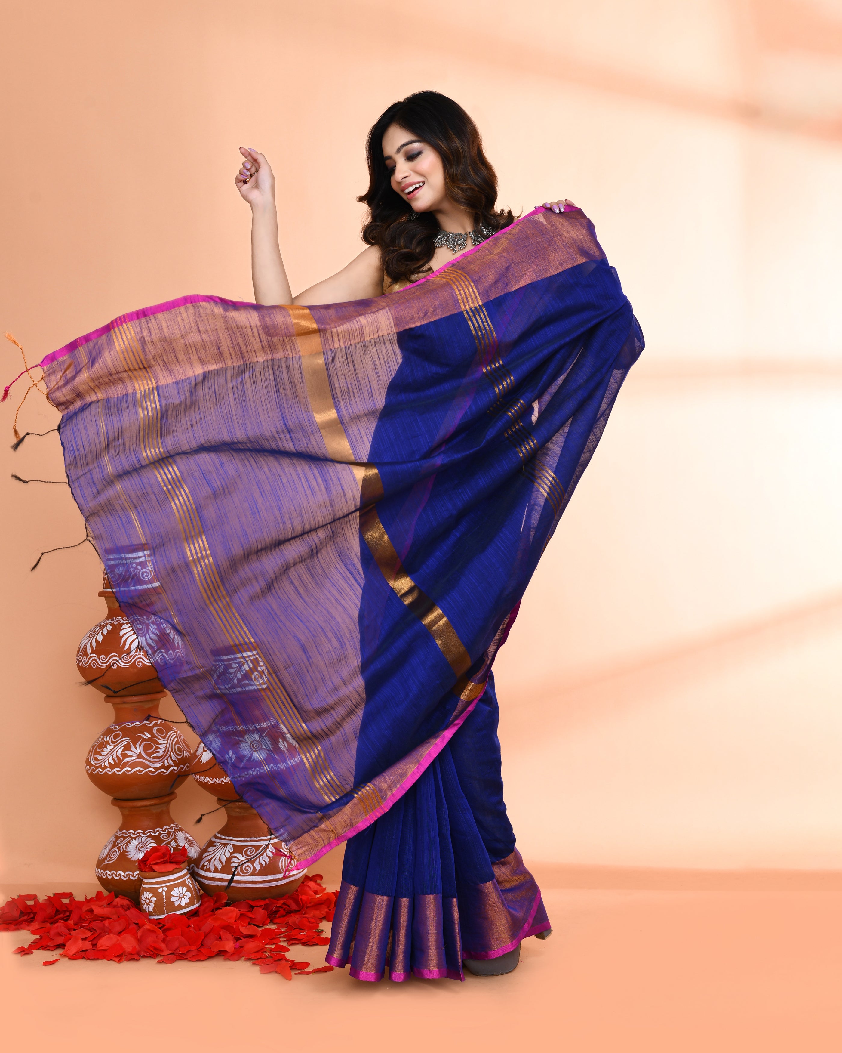 Piyari Fashion Women`s Cotton Silk Royel Blue Handloom Saree With Blouse