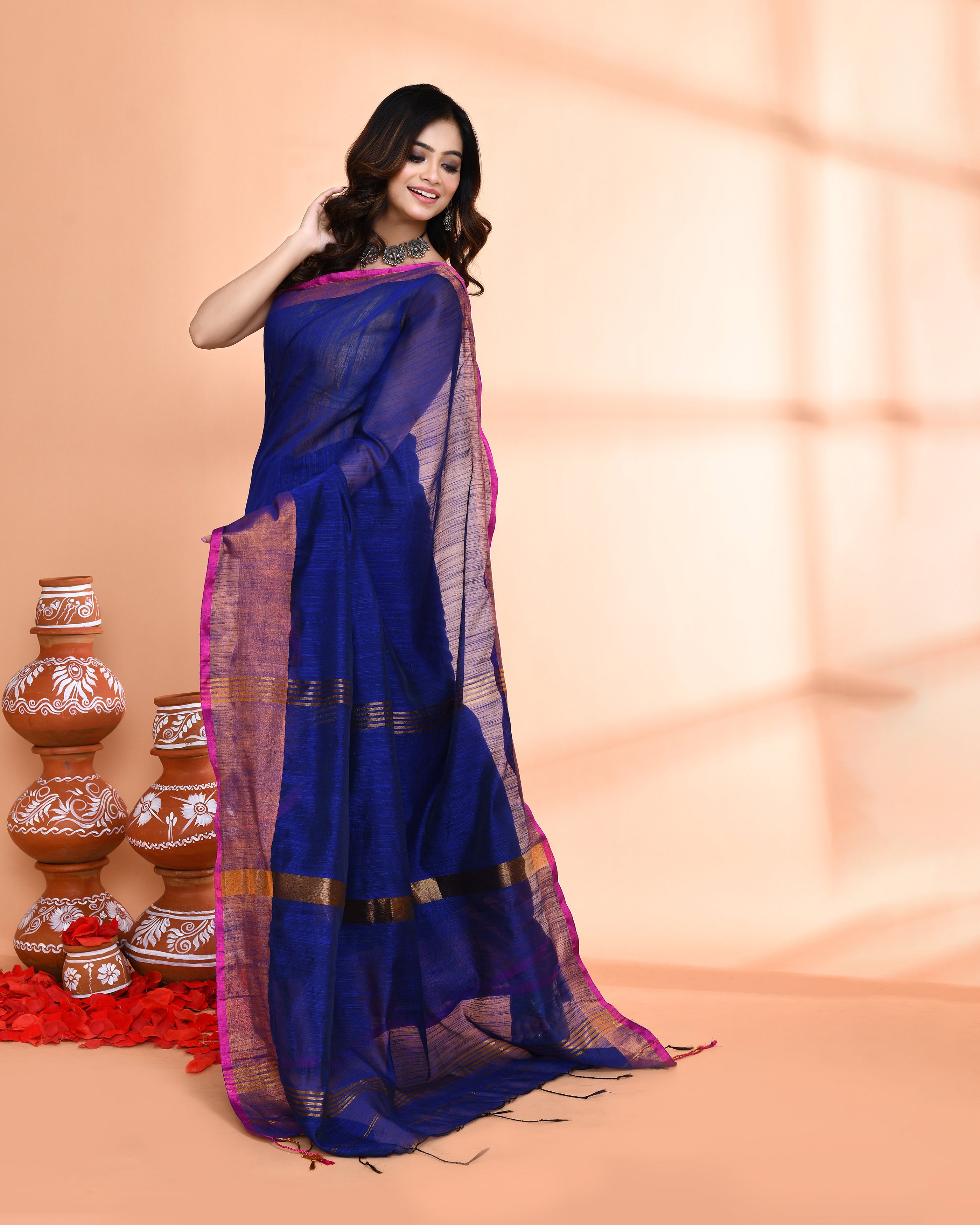 Piyari Fashion Women`s Cotton Silk Royel Blue Handloom Saree With Blouse
