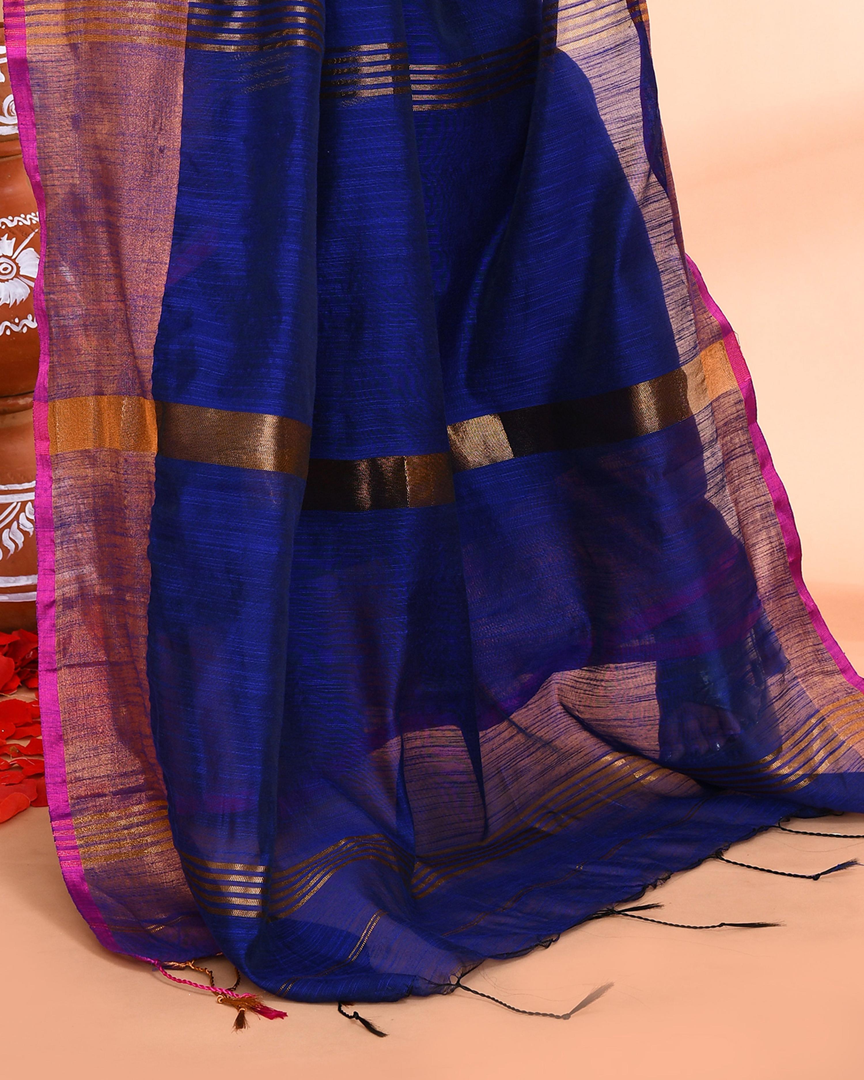 Piyari Fashion Women`s Cotton Silk Royel Blue Handloom Saree With Blouse