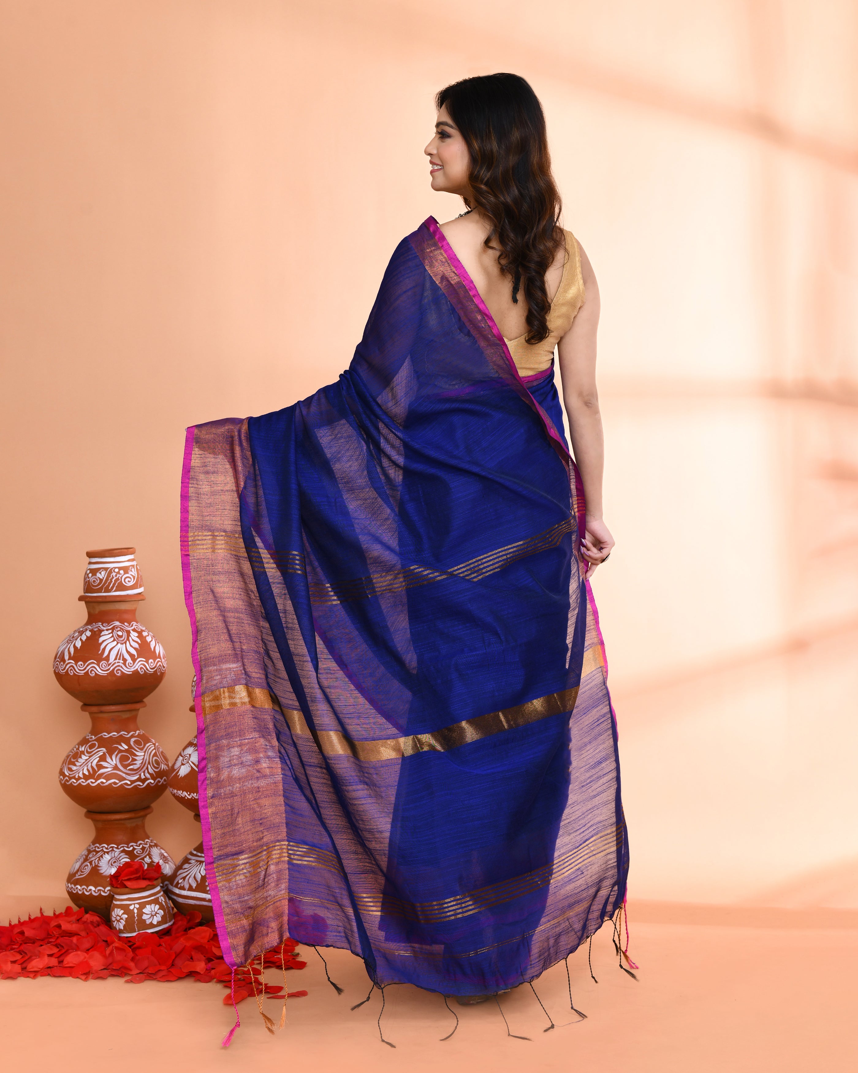 Piyari Fashion Women`s Cotton Silk Royel Blue Handloom Saree With Blouse