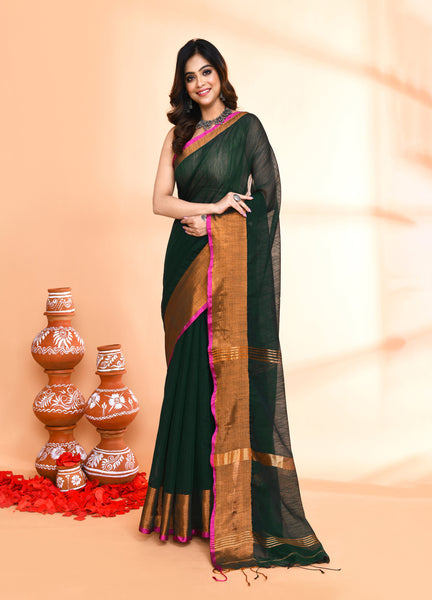 Piyari Fashion Women`s Cotton Blend Dark Green Handloom Saree With Blouse