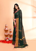 Thumbnail for Piyari Fashion Women`s Cotton Blend Dark Green Handloom Saree With Blouse