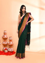 Thumbnail for Piyari Fashion Women`s Cotton Blend Dark Green Handloom Saree With Blouse