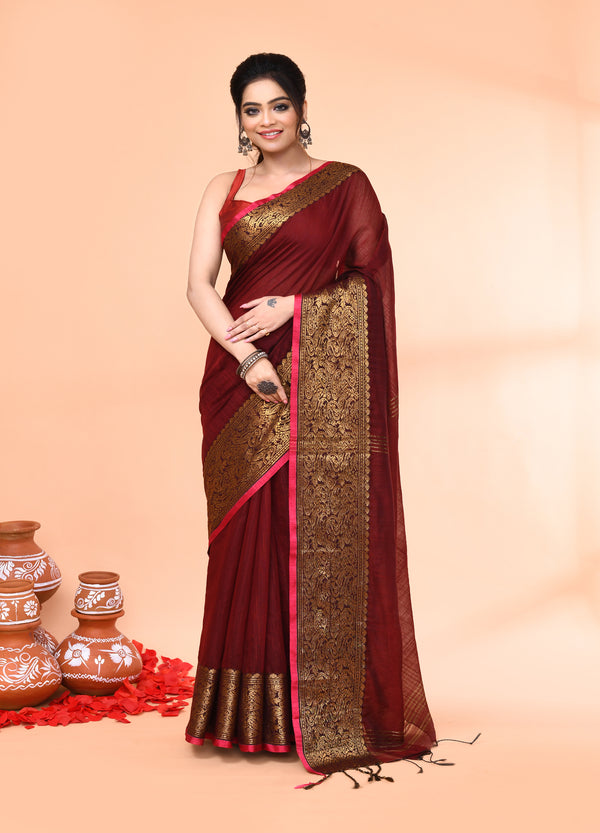 Piyari Fashion Women`s Cotton Blend Maroon Handloom Saree With Blouse