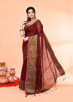 Thumbnail for Piyari Fashion Women`s Cotton Blend Maroon Handloom Saree With Blouse